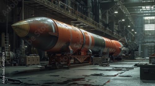 Illustration for nuclear science education, depicting an industrial space of a company producing weapons such as missiles, rockets, and bombs.