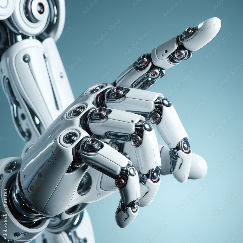 White cyborg robotic hand pointing his finger White cyborg robotic hand pointing his finger