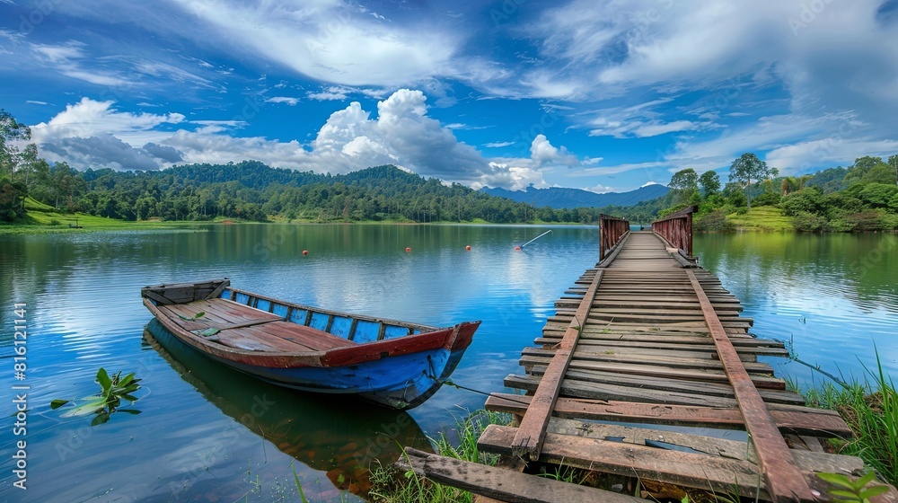 Picturesque Lake Landscape Captured with Row Boat and Vintage Wooden Dock