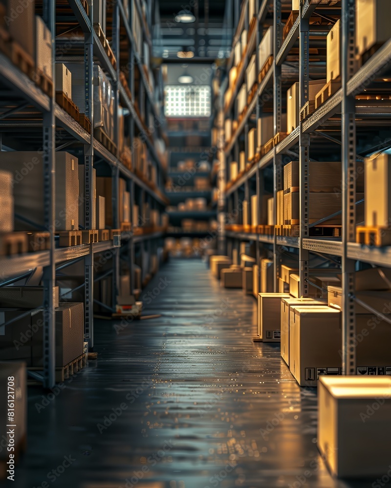 Closeup of neatly arranged packages on metal shelves in a warehouse