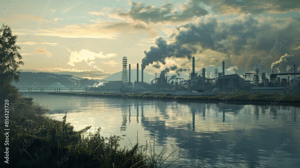 Naklejka premium Industrial sunset reflections by the water