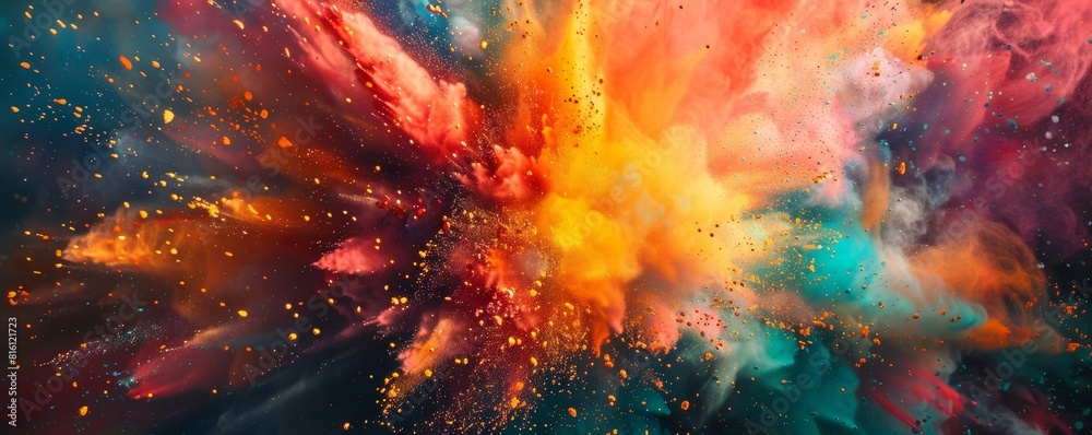 Panoramic view of colorful powder explosion with vibrant colors on dark background