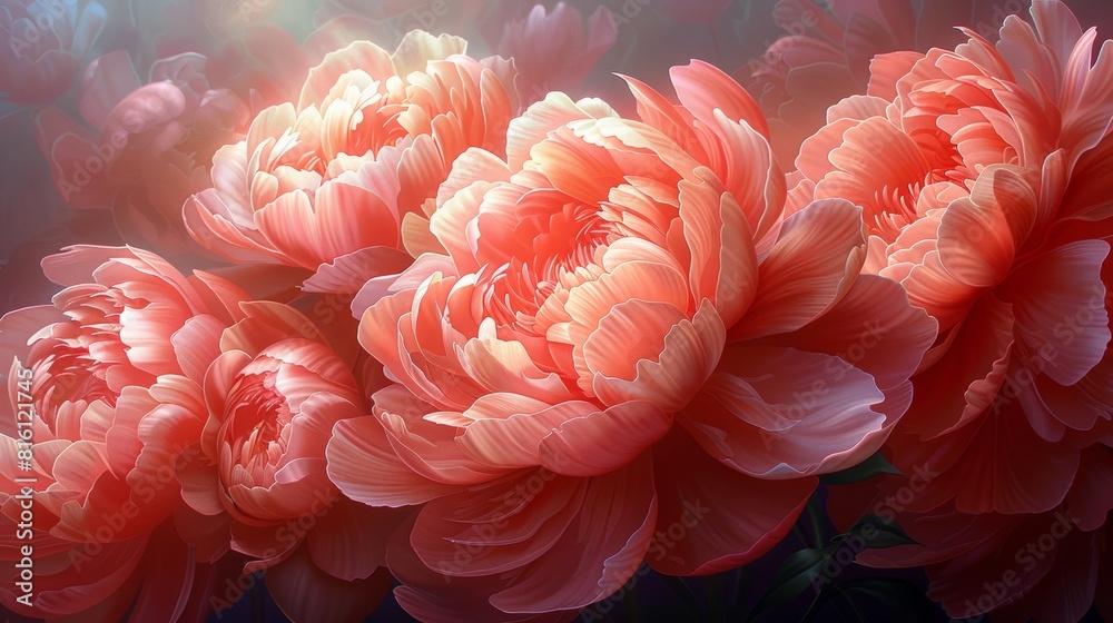 Luminous coral peonies in full bloom Luminous coral peonies in full bloom