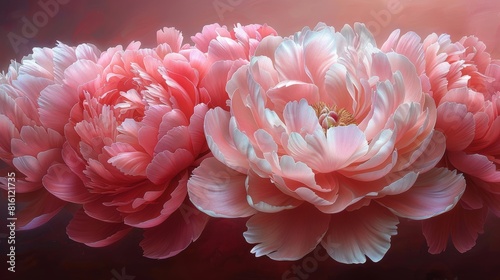 Radiant peony blooms on crimson background