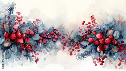 Watercolor winter berries and foliage banner photo