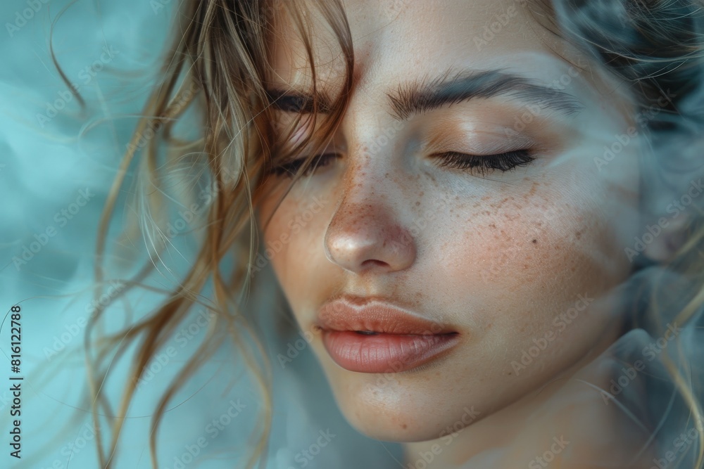 Close-up of a dreamy young woman with hair tousled by wind, evoking a sense of freedom and calm