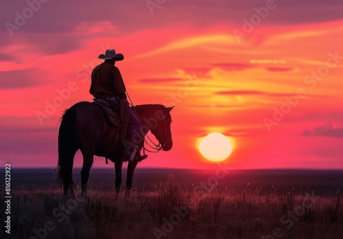 Silhouette of cowboy on horse against sunset sky with the background in warm orange and pink hues Generative AI