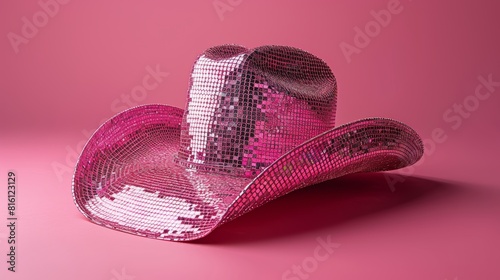 Sparkling pink sequined cowboy hat on pink background