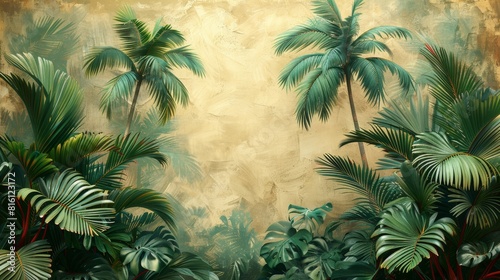 Tropical paradise background with lush palms