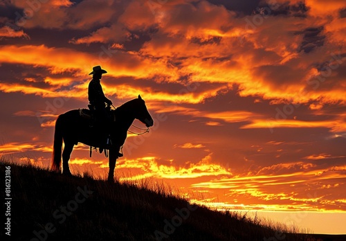 Silhouette of cowboy on horse against sunset sky Generative AI