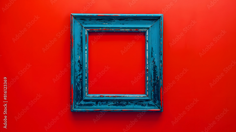 Fototapeta premium Blue empty frame isolated on red background Decorative detail retro inspired background Creative pop art concept of antique frame Comparison of vintage and contemporary style : Generative AI