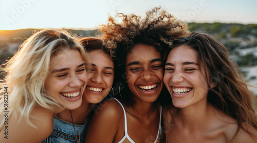 four friends smiling on the beach at sunset