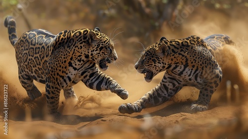 two jaguar fighing over Massai marah jungle in south africa created by ai photo