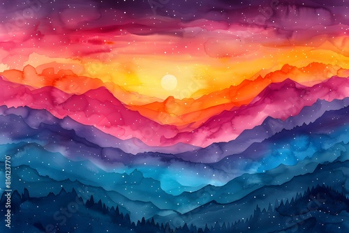 Colorful Watercolor Landscape of Mountain Sunset with Vibrant Hues