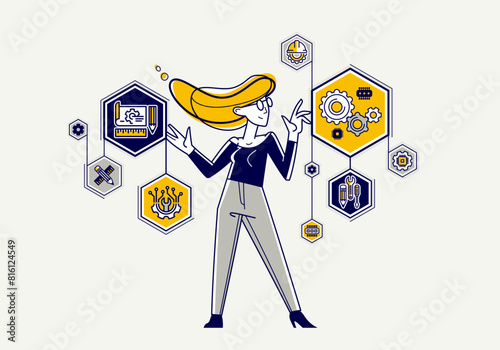 Mechanic engineer working on a draft plan vector illustration, inventor or repair job, engineering machine industry, system technician.
