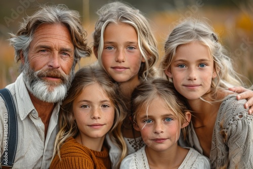 An endearing portrait of an elderly man with a beard posing with his three young granddaughters outdoors