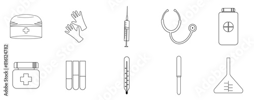 Set of black and white icons of medical instruments. For design of medical products, posters, website, mobile application. Medical kit. Vector illustration 