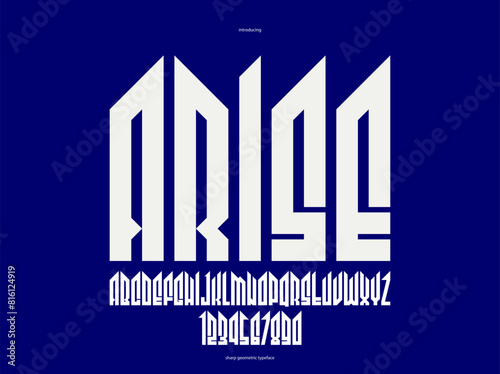 Sharp and bold tall gothic font for logo creation of for headlines, edgy geometric modern vector condensed typeface, heavy metal and hard rock style alphabet with numbers.