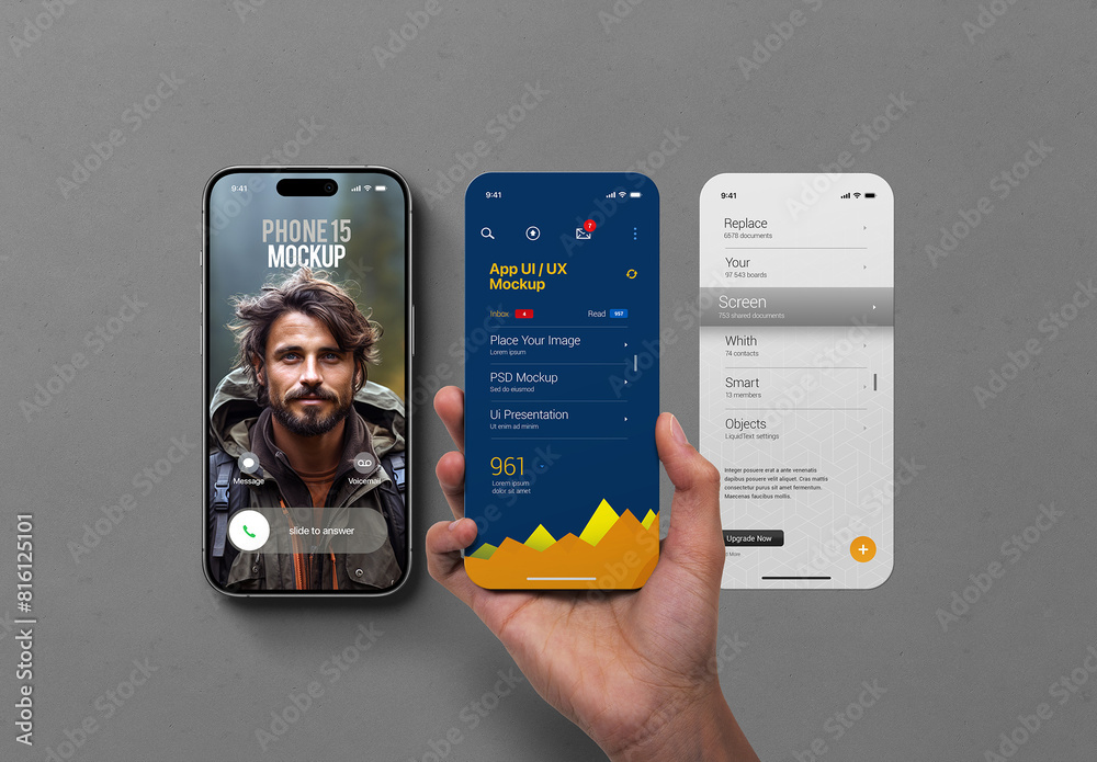 Hand Holding Phone 15 Mockup App UI UX Set Stock Template | Adobe Stock