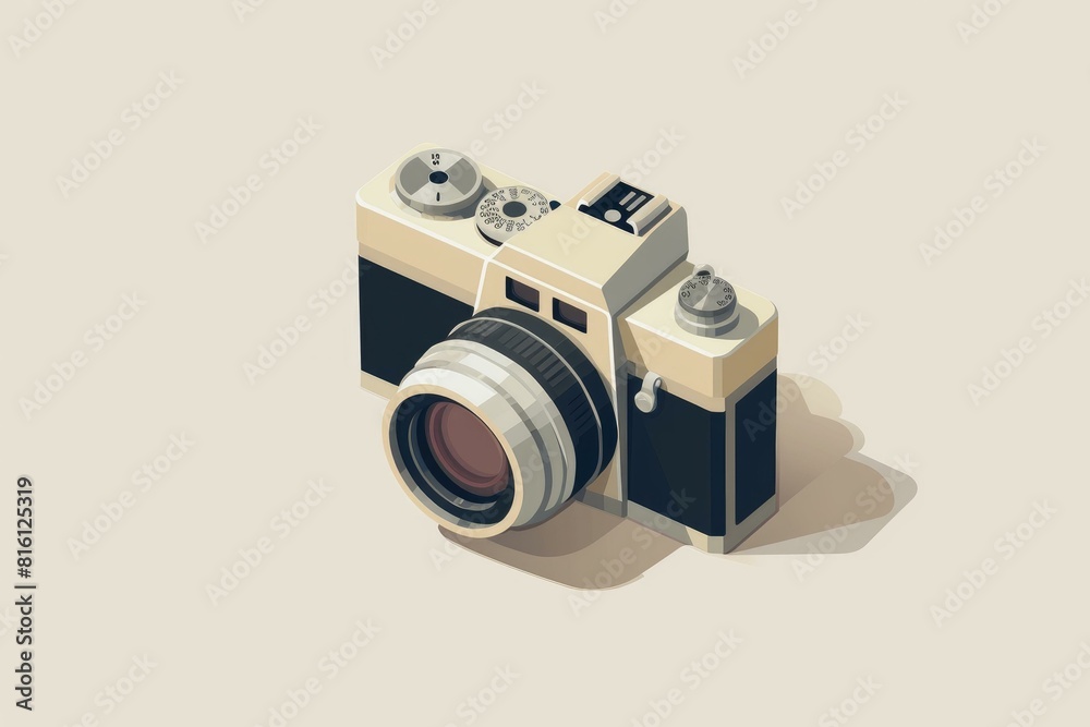 Graphic illustration of a classic camera with an isometric perspective on a beige background Graphic illustration of a classic camera with an isometric perspective on a beige background