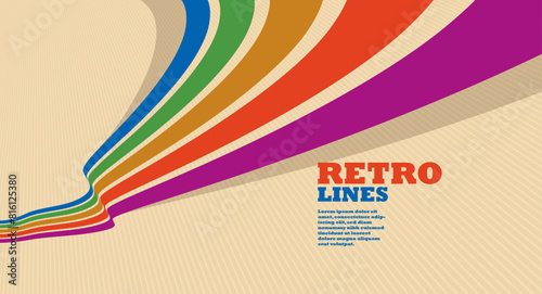 Linear vector abstract background in all colors of rainbow, retro style lines in 3D dimensional perspective, vintage poster art.