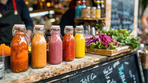 vibrant display of colorful bottled smoothies and fresh produce at a juice bar  showcasing a variety of healthy and nutritious drink