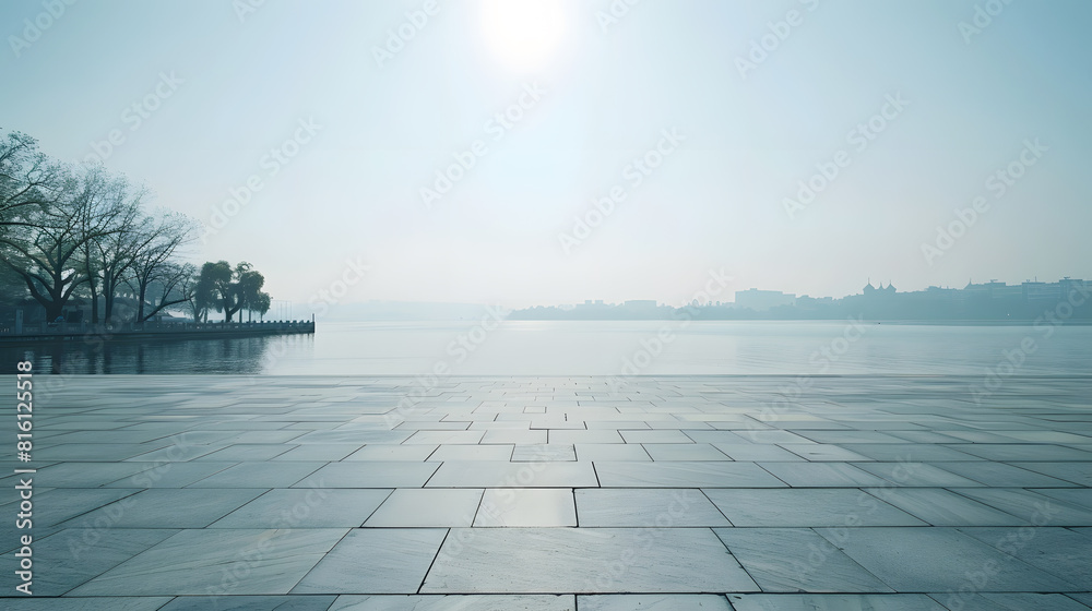 Empty square floor and West Lake scenery in HangzhouChina : Generative AI