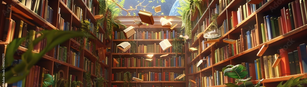 3D illustration of a magical library with floating books 3D illustration of a magical library with floating books
