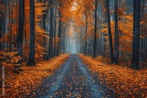 A picturesque scene of an autumn forest with trees bearing vibrant orange leaves and an empty trail covered in fallen foliage