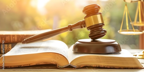 Judges gavel rests on law book open to page on civic duties. Concept Legal, Civic duties, Judge, Law book, Gavel