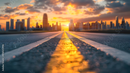 Fototapeta Naklejka Na Ścianę i Meble -  Asphalt road and urban skyline with sky clouds at sunset : Generative AI