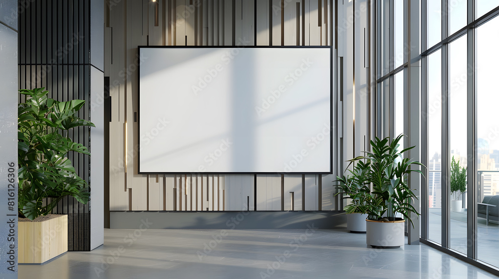 Panoramic frame Mockup hanging on office wall Mock up of a billboard in modern company interior 3D rendering : Generative AI Panoramic frame Mockup hanging on office wall Mock up of a billboard in modern company interior 3D rendering : Generative AI
