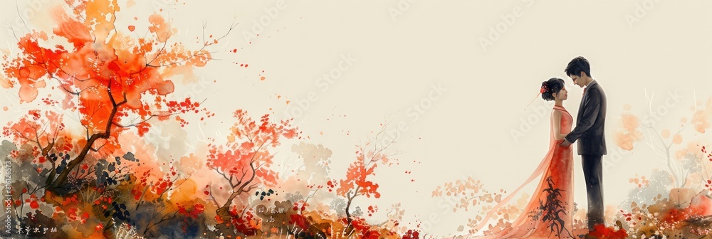 Couple in red flower watercolor scene Couple in red flower watercolor scene