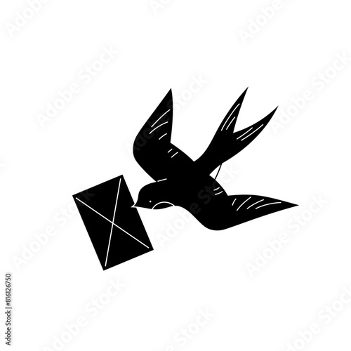Swallow in flight with a letter isolated on a white background