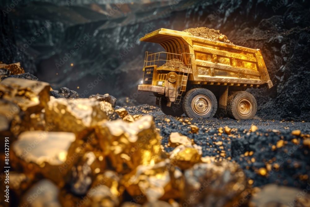 A large yellow dump truck is driving through a rocky area A large yellow dump truck is driving through a rocky area