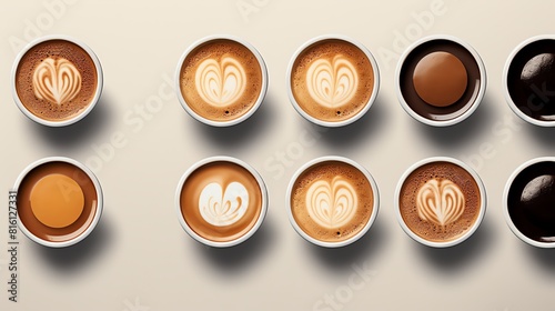 A variety of coffee drinks are arranged on a beige background. Image includes lattes, cappuccinos, and mochas.
