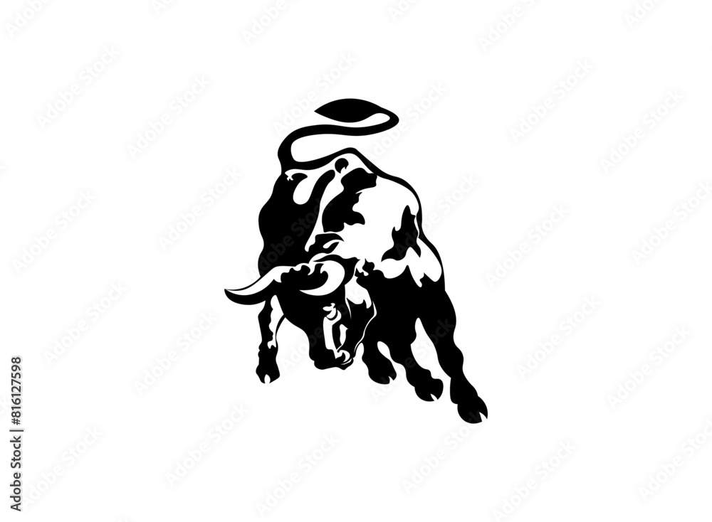Vector illustration of a black silhouette of a bull with horns