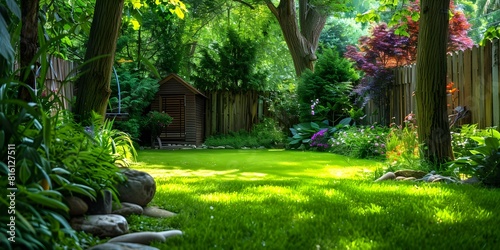 Summer Scene: A Green Backyard with a Doghouse, Trees, Stones, and Wooden Fence. Concept Summer Photoshoot, Green Backyard, Doghouse, Trees, Stones, Wooden Fence