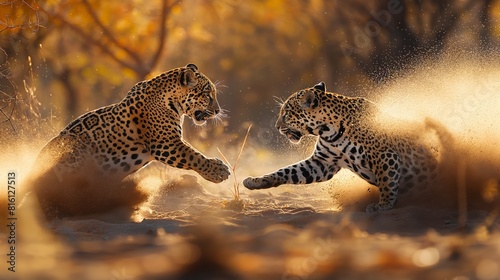 two jaguar fighing over Massai marah jungle in south africa created by ai photo