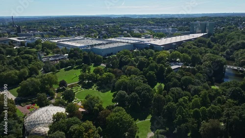 Aerial drone view of Messe Essen, the exhibition center of the city of Essen, North Rhine-Westphalia, Germany. It is located in the Rüttenscheid borough near the Grugapark. 