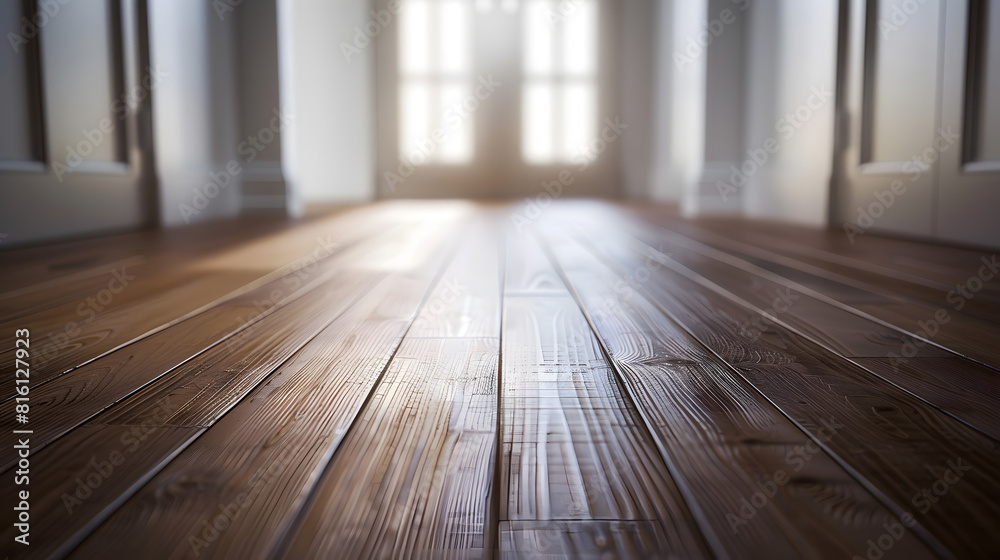 Empty wooden floor closeup and room ceiling and doors with light reflection : Generative AI Empty wooden floor closeup and room ceiling and doors with light reflection : Generative AI