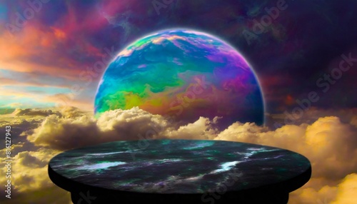base de mármore em fundo céu colorido espetacular com planeta photo
