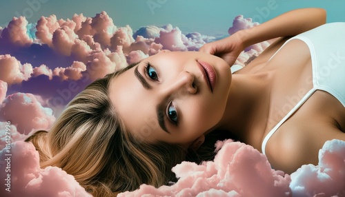 mulher sonhadora entre as nuvens, abstrato, colorido, conforto, sonhos photo