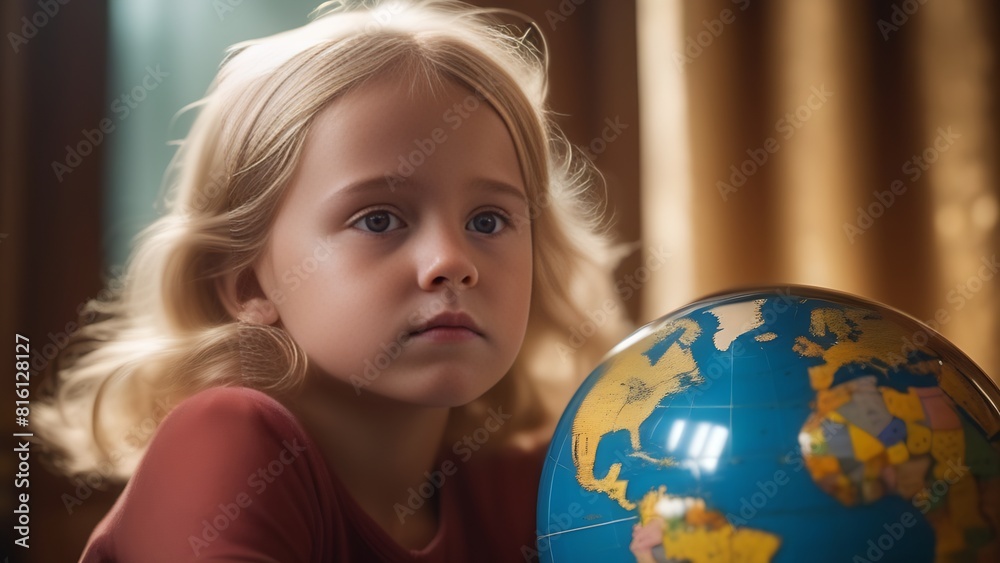 Little girl holding a globe, dark background Little girl holding a globe, dark background