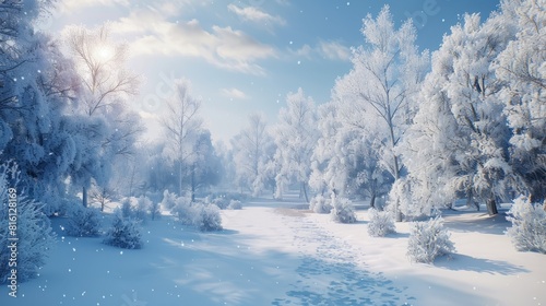 Frosty winter landscape in snowy forest Christmas background hyper realistic 