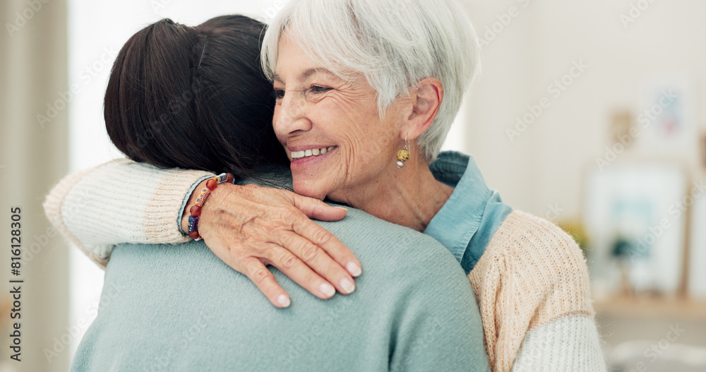 Happy senior woman, hug and elderly care for thank you, gratitude or support for caregiver at home. Mature female person or patient embracing medical or healthcare worker in trust, happiness or house Happy senior woman, hug and elderly care for thank you, gratitude or support for caregiver at home. Mature female person or patient embracing medical or healthcare worker in trust, happiness or house
