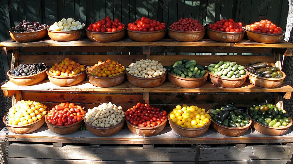A wooden stand holds a variety of fruit and vegetable bowls A wooden stand holds a variety of fruit and vegetable bowls