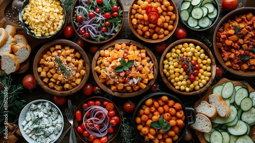  A table topped with bowls filled with lots of different types of food, next to cucumbers, tomatoes, and cucumbers