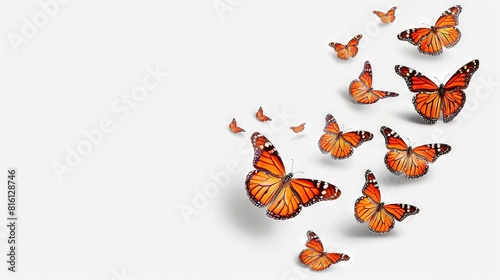   A group of orange butterflies flying across a white surface with one flying away from the camera and the other flying away from the camera © Nadia