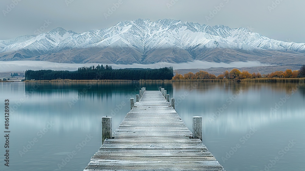 A wooden dock rests atop a tranquil lake, surrounded by majestic snow-capped mountains in the background A wooden dock rests atop a tranquil lake, surrounded by majestic snow-capped mountains in the background